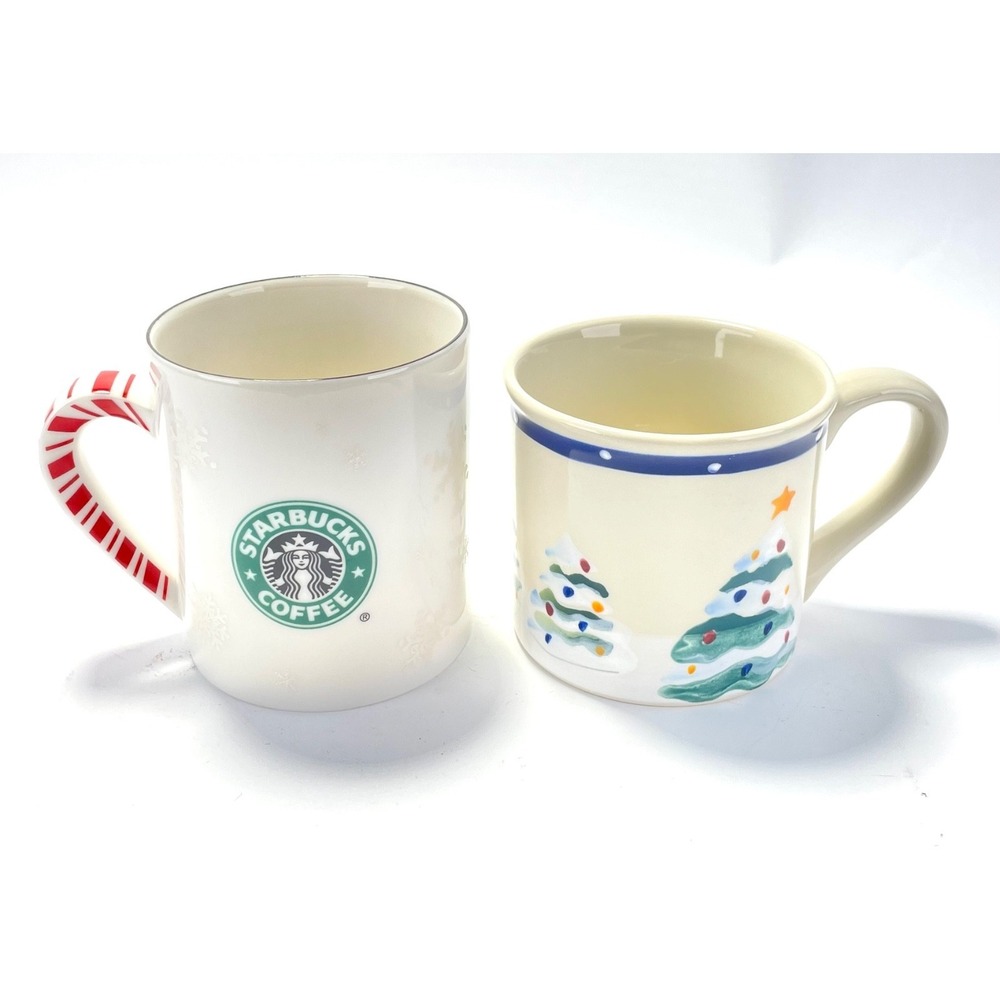 Starbucks Barista Christmas Holiday (2) Mugs -White Snowflakes & Christmas Trees
